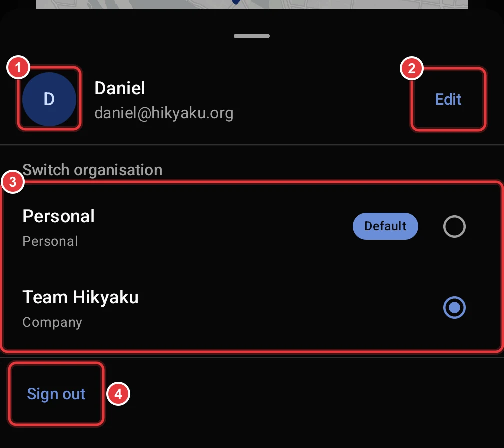 The account panel. The profile photo, the Edit button, the organisation list and the Sign out button are marked.