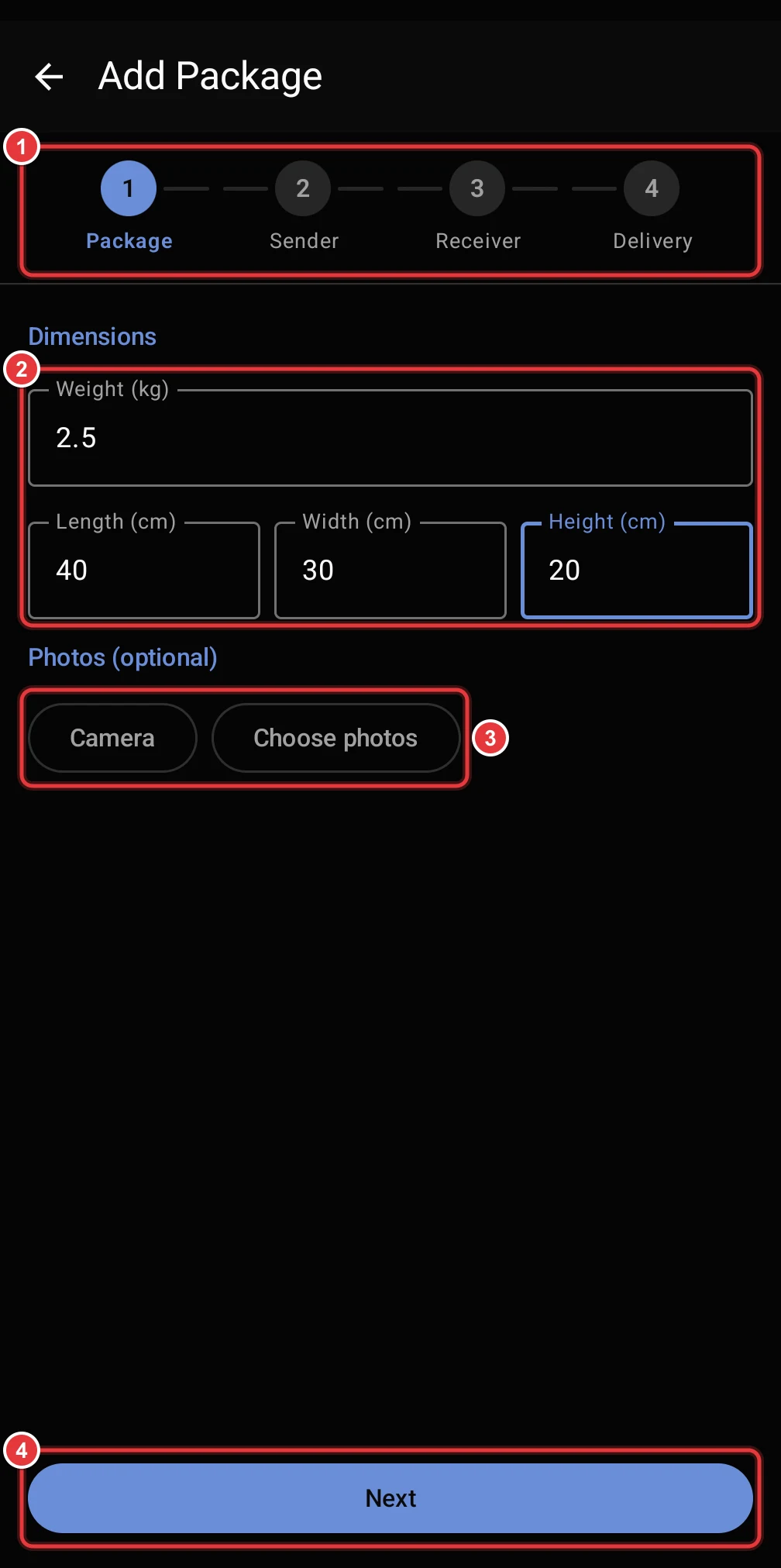 Step 1 of Add Package. The step indicator, the Dimensions fields, the photo buttons and the Next button are marked.