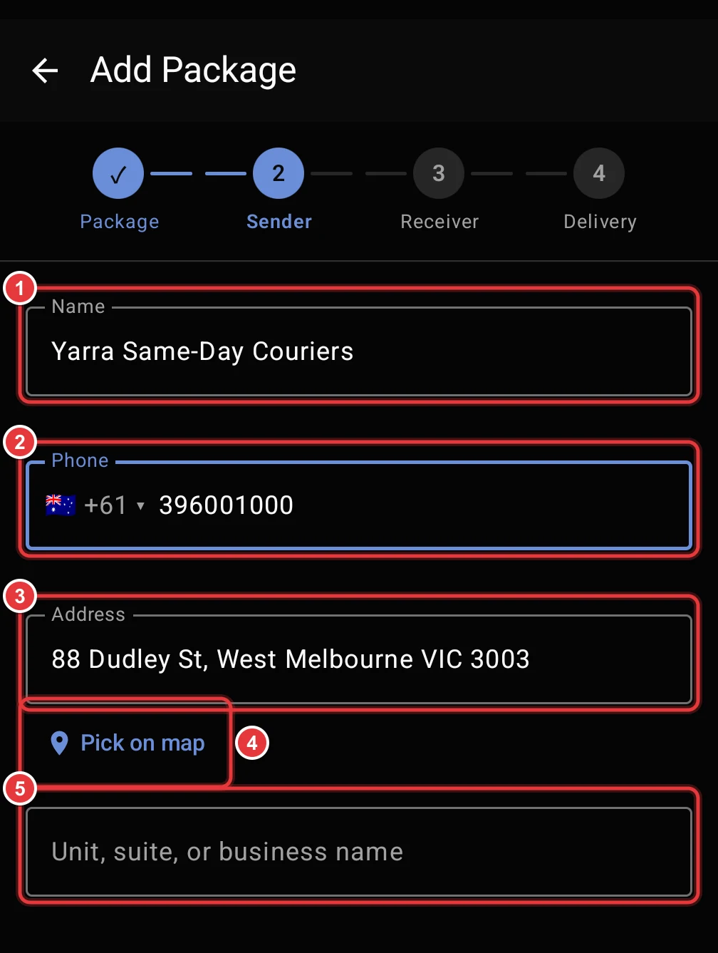 Step 2 of Add Package. The Name, Phone, Address, Pick on map and Unit fields are marked.