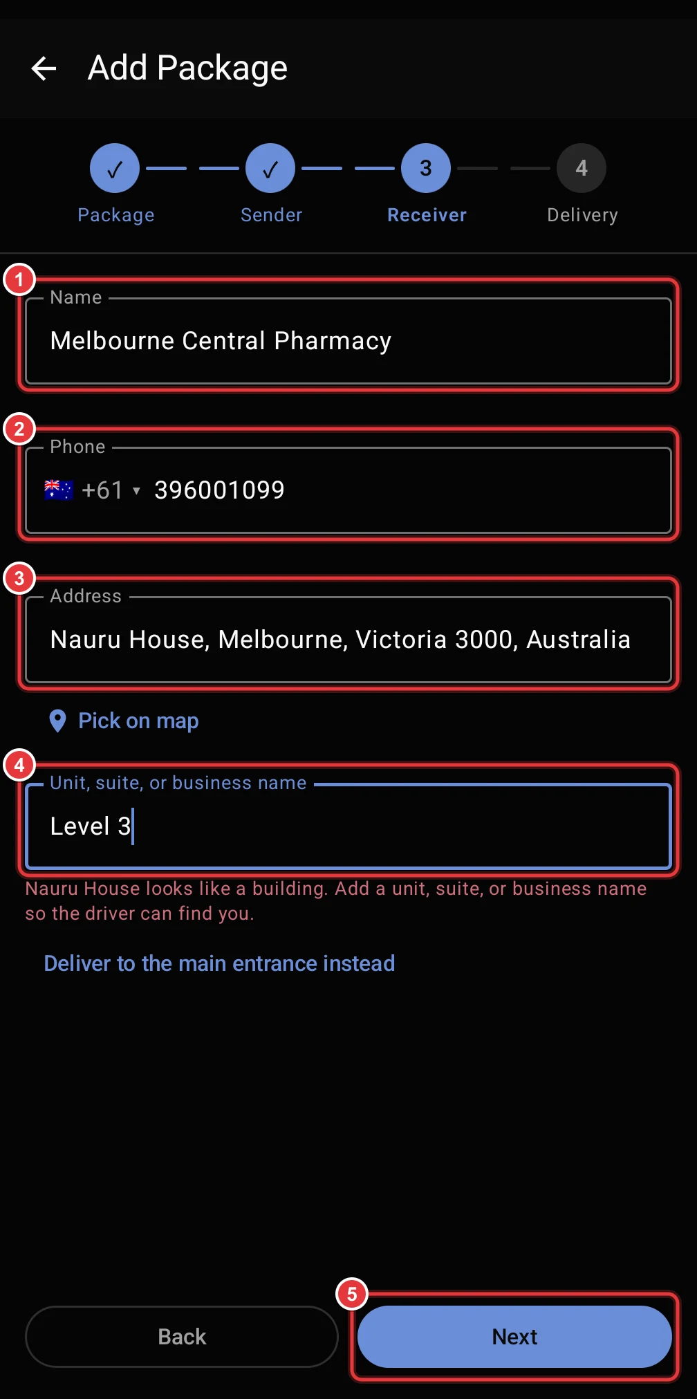 Step 3 of Add Package. The Name, Phone, Address and Unit fields and the Next button are marked.