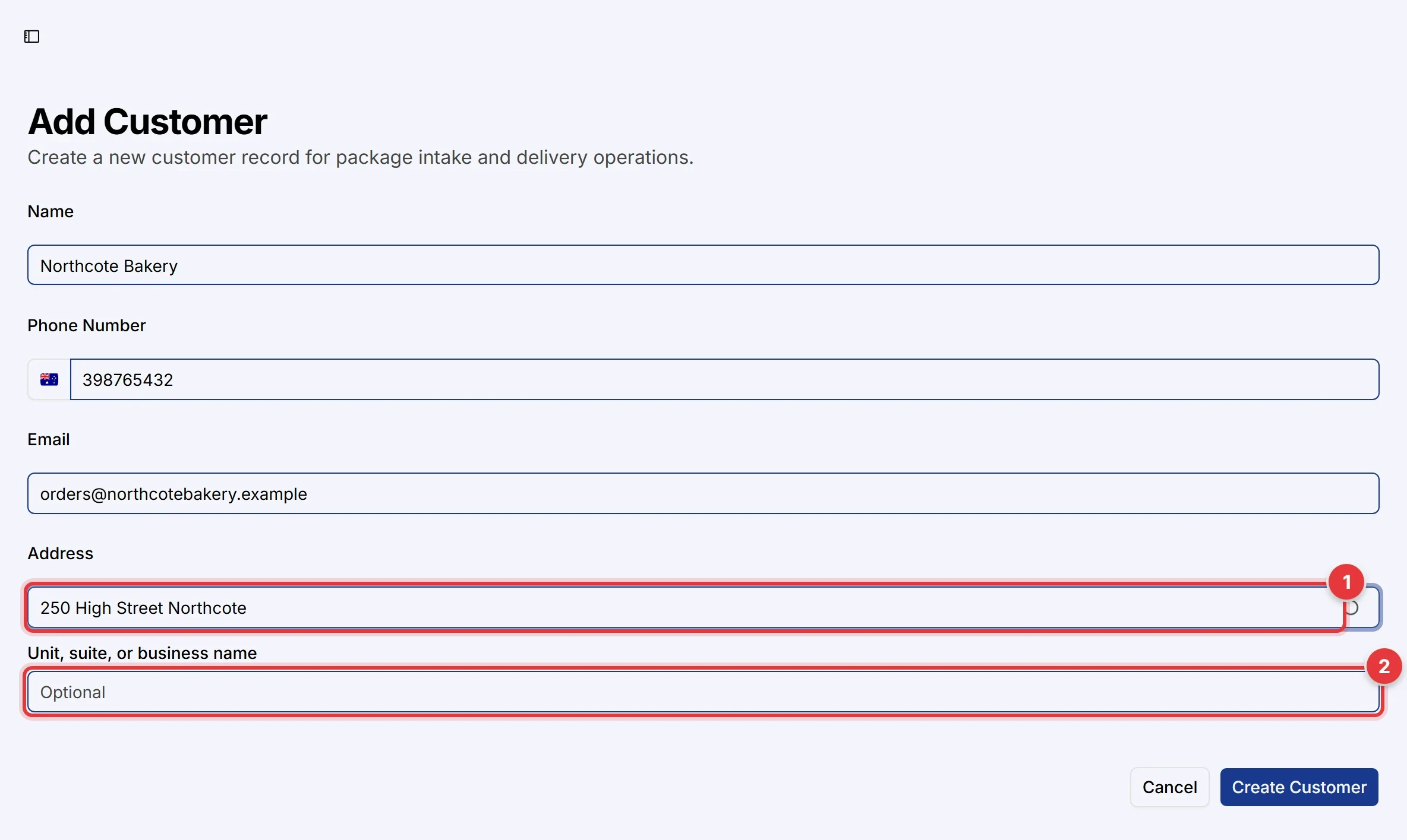 The Add Customer form. The Address field and the Unit, suite, or business name field are marked.