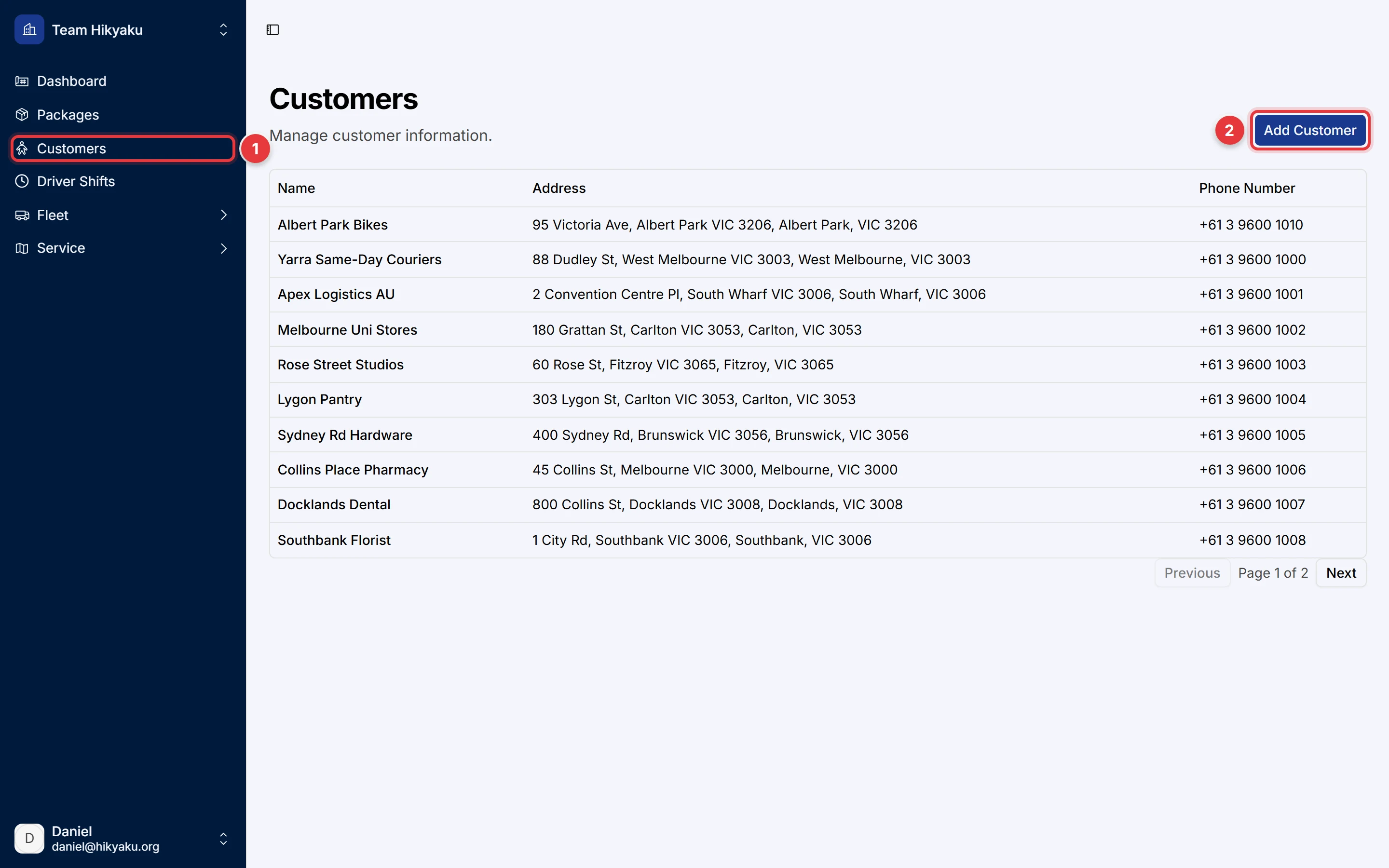 The Customers page. The sidebar item and the Add Customer button are marked.