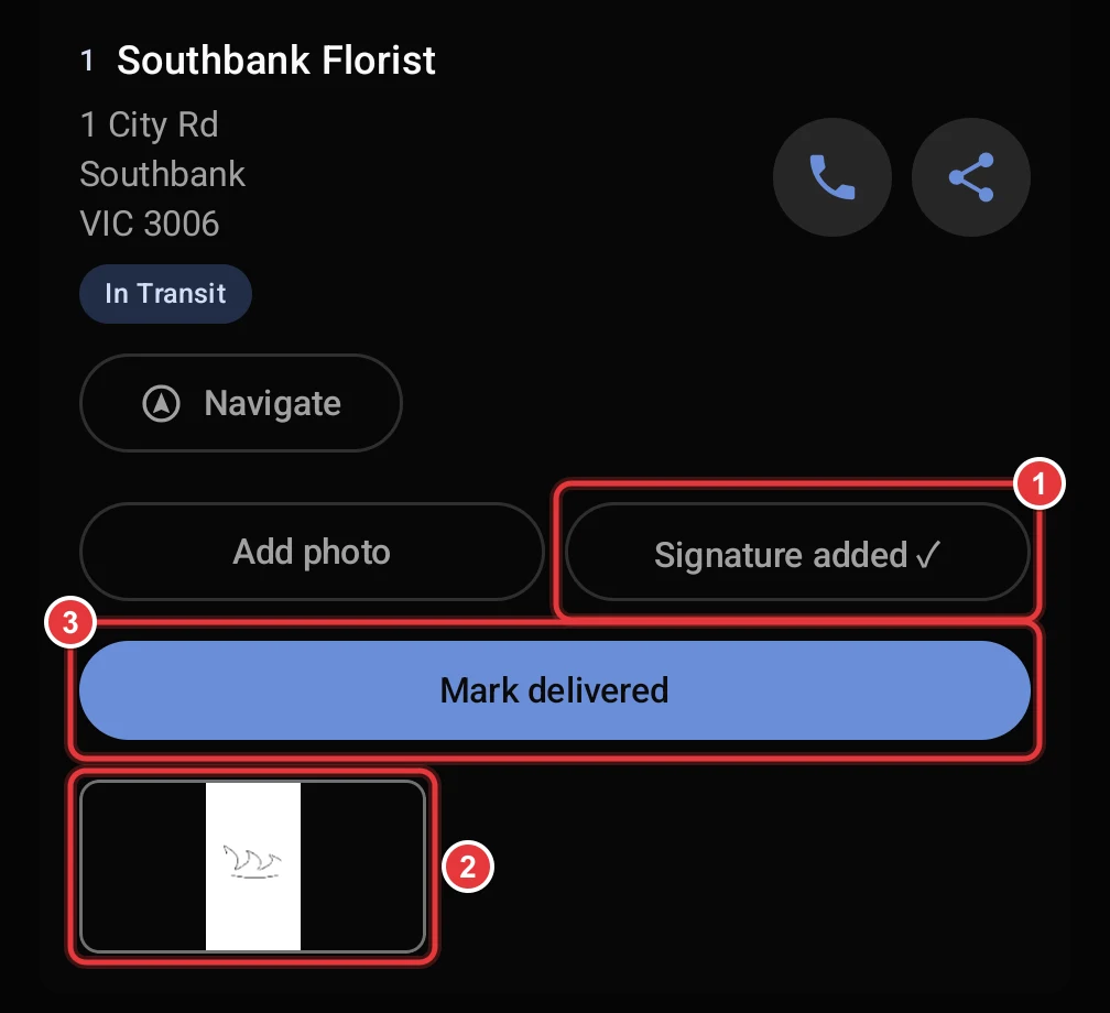 The stop after the signature. Signature added, the signature preview and Mark delivered are marked.