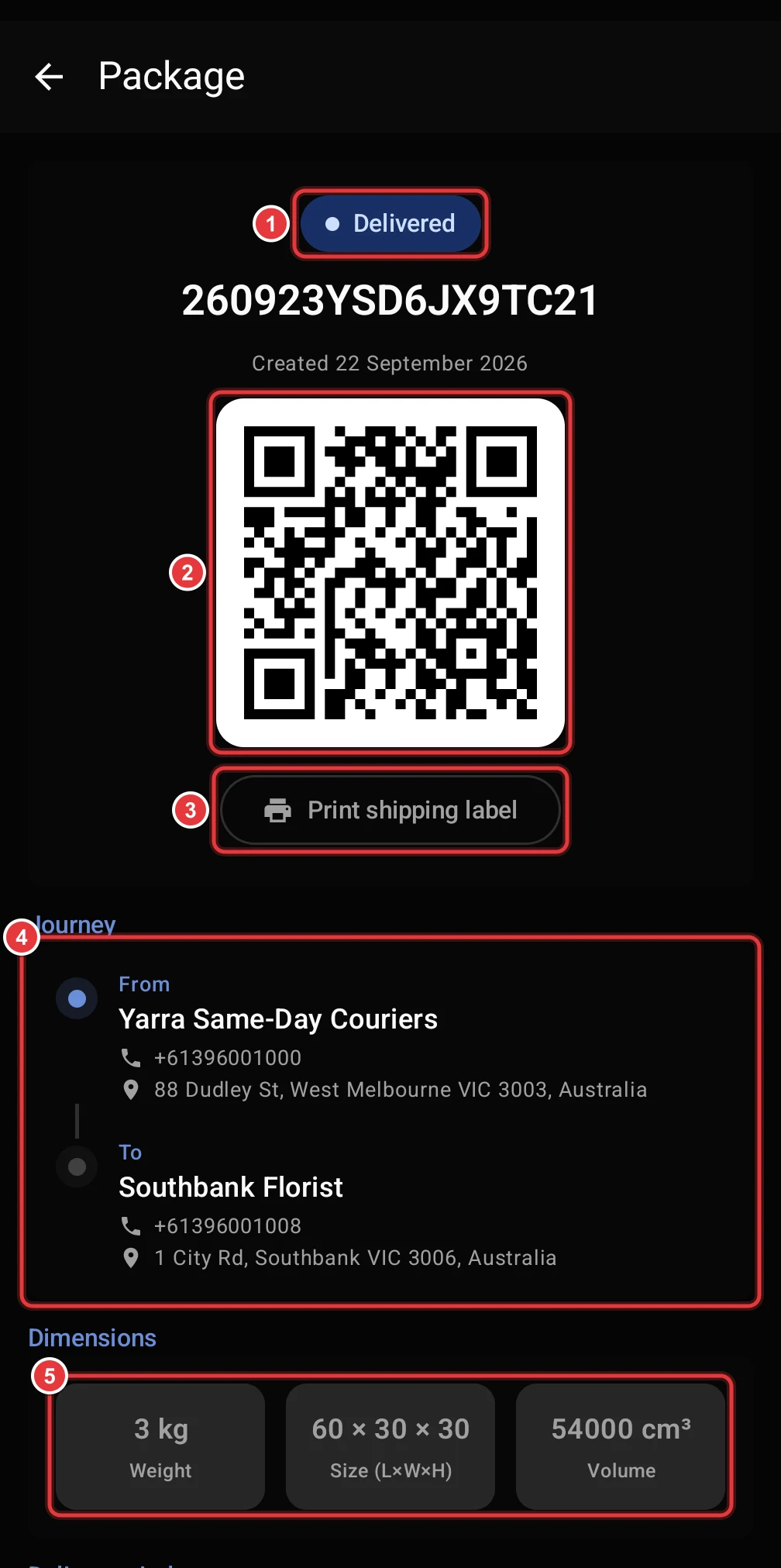 The Package screen. The status, the QR code, the Print shipping label button, the Journey card and the Dimensions card are marked.