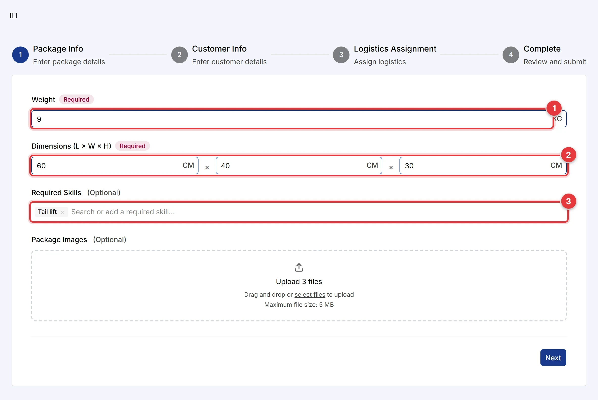 Step 1 of Add Package. The Weight field, the Dimensions fields and the Required Skills field are marked.
