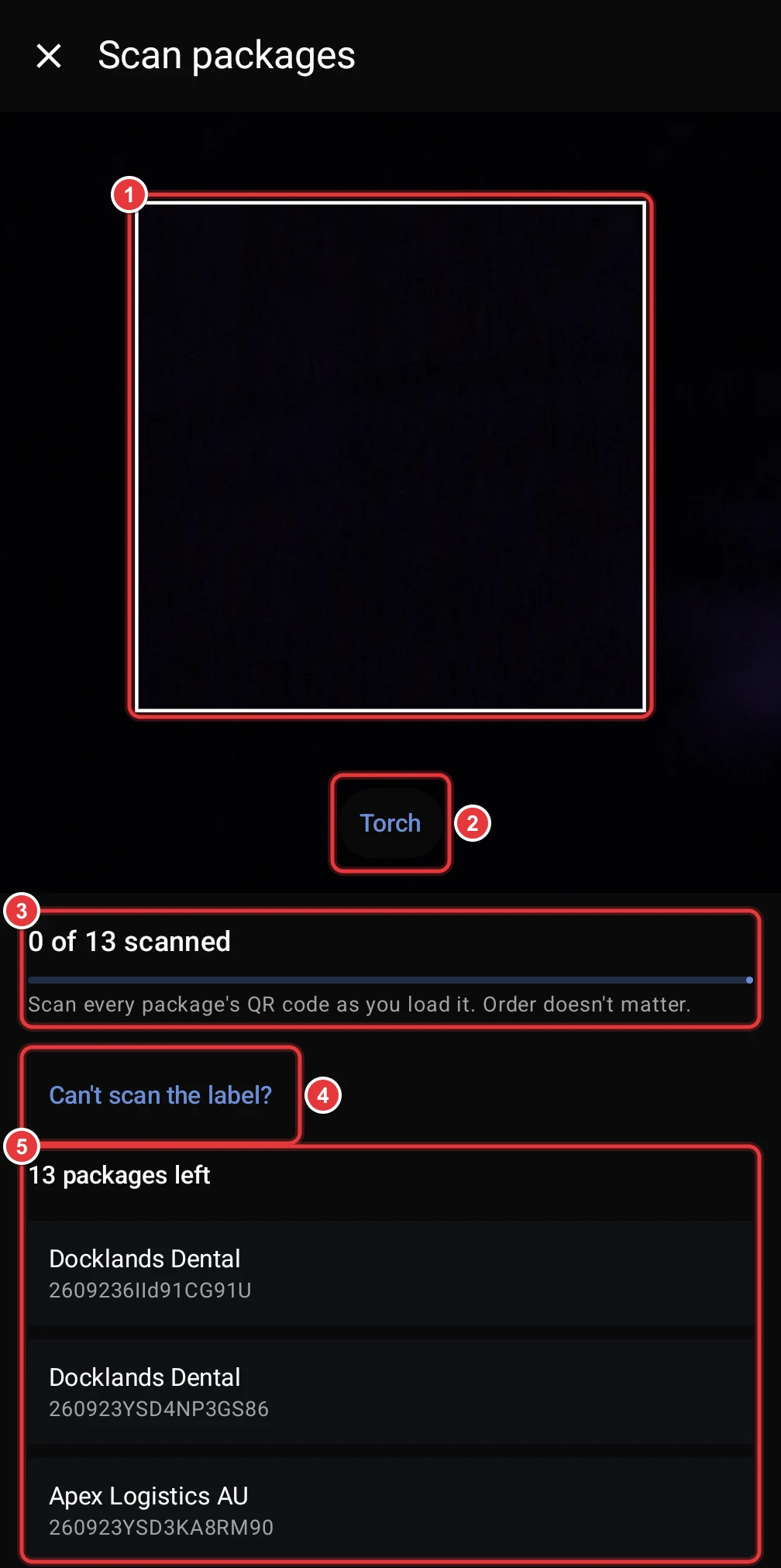 The Scan packages screen. The camera view, the Torch button, the progress bar, the Can't scan the label link and the list of packages to scan are marked.