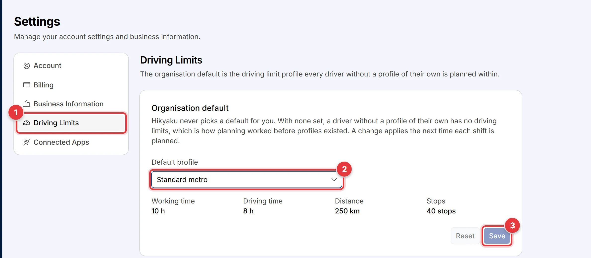 The Driving Limits tab of Settings. The tab, the Default profile field and the Save button are marked.