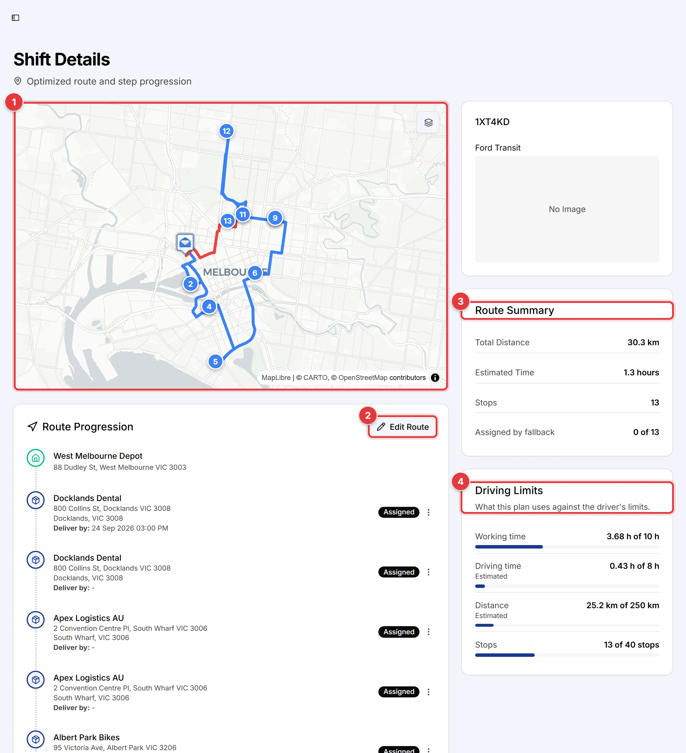 The shift page. The route map, the Edit Route button, the Route Summary card and the Driving Limits card are marked.