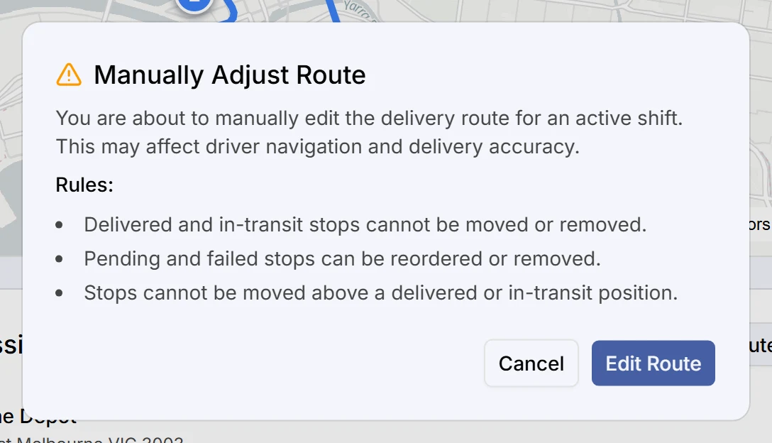 The Manually Adjust Route dialog with the rules for manual changes.
