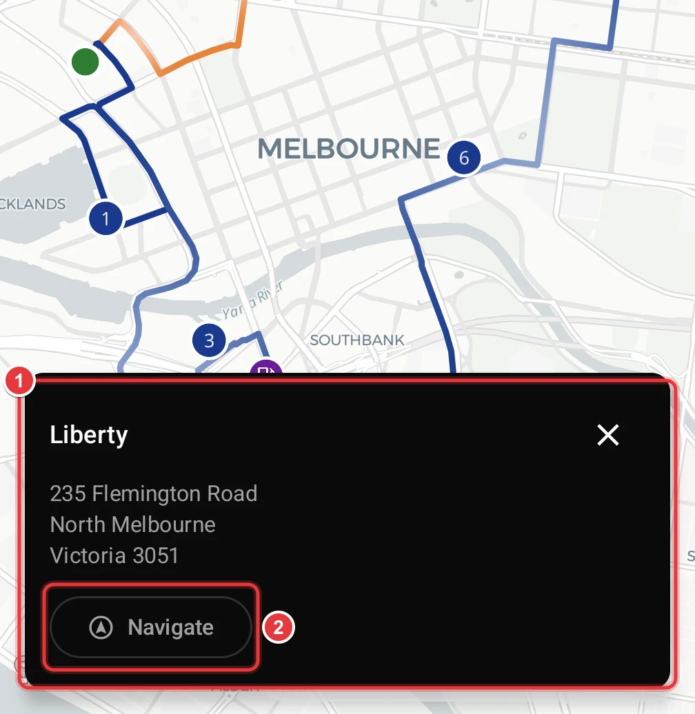 A fuel station card on the map. The card and its Navigate button are marked.