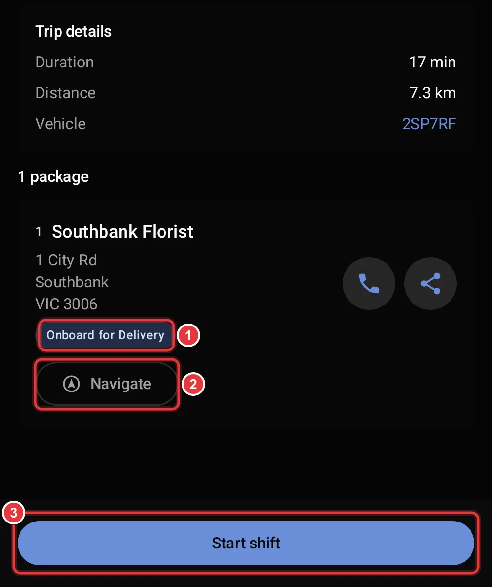 The first stop after all packages are scanned. The Onboard for Delivery status, the Navigate button and the Start shift button are marked.