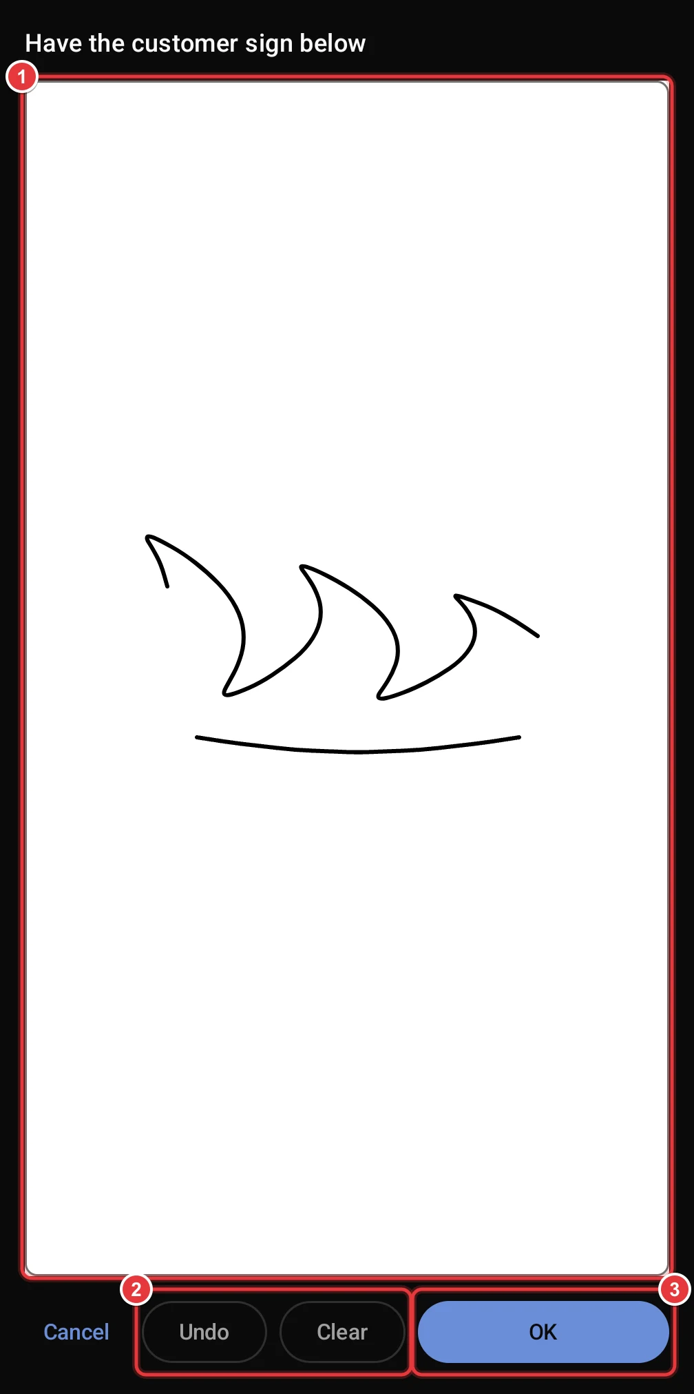 The signature pad. The signature area, the Undo and Clear buttons and the OK button are marked.