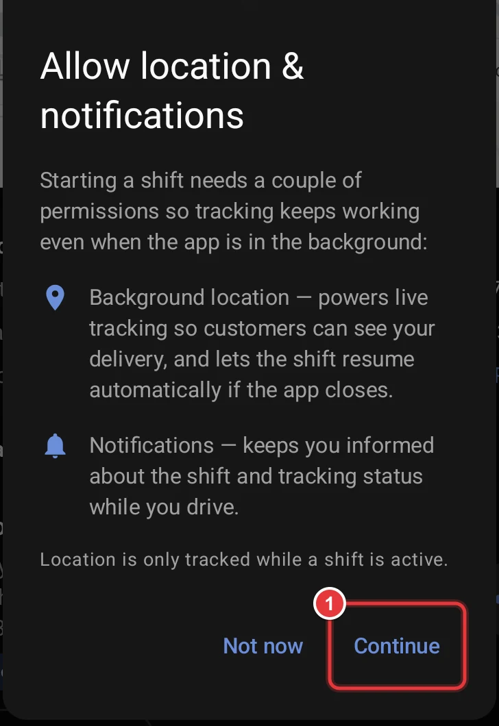 The Allow location and notifications dialog. The Continue button is marked.
