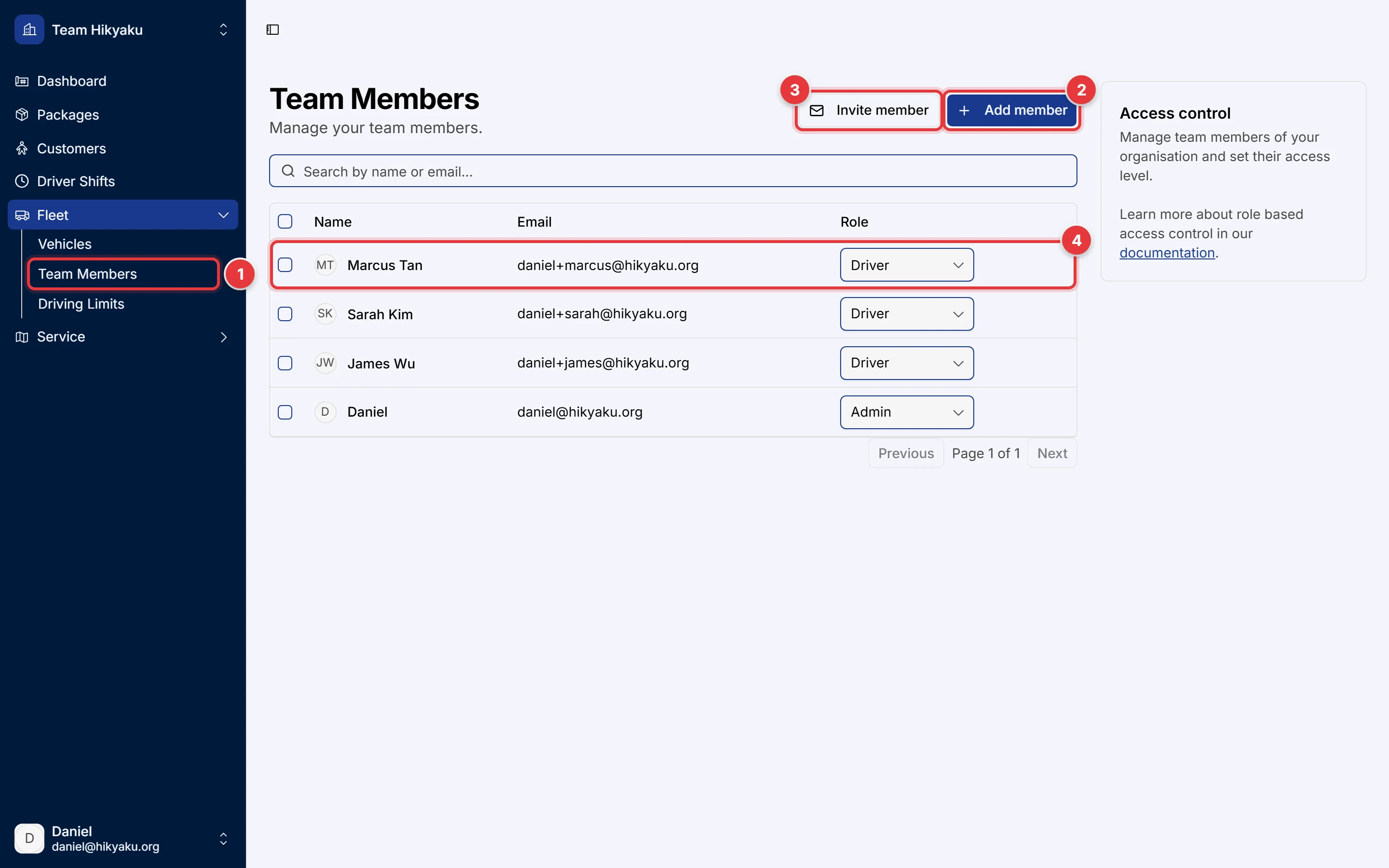The Team Members page. The sidebar item, the Add member button, the Invite member button and a team member row are marked.