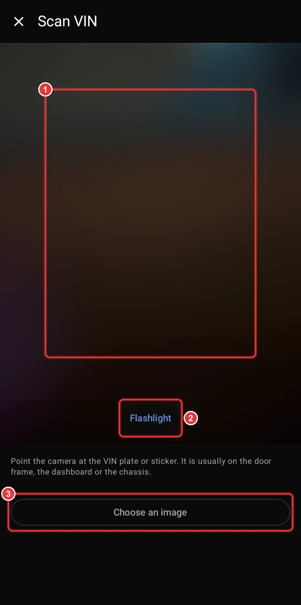 The Scan VIN screen. The camera view, the Flashlight button and the Choose an image button are marked. The camera view is blurred in this image.